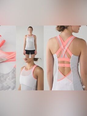 Lululemon Women's Mesh Striped Racerback Athletic Tank Top White Pink